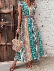Women Summer Side Split Dress Flying Sleeve V Neck Pattern Print Dress For Party Club - 孔雀藍 - 查看 4