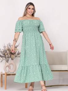 Women's Long Midi Dress With Puffer Sleeves And  Frills, Off-The-Shoulder, Tres Marias Floral - 綠花 - 查看 2