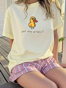 青少年女孩休闲图案印花圆领短袖 T 恤，夏季上衣 - 杏色 - 查看 7