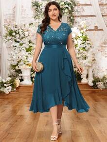 Plus V Neck Sequin Lace Bodice Ruffle Split Thigh Chiffon Evening Party Long Dress, Elegant Wedding Guest Dress, For Birthday, Graduation, Homecoming - Dusty Blue - View 3