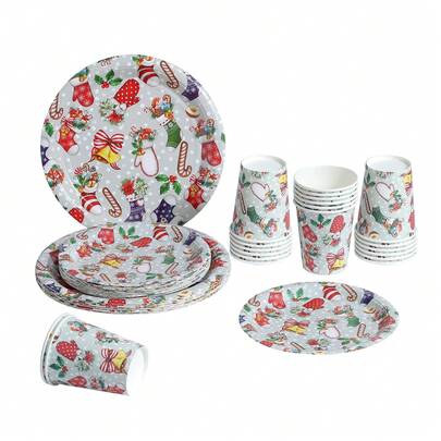 60pcs/Set Christmas Themed Tableware Set, Happy Christmas Party Supplies, 9"/7" Paper Plates & Dessert Plates, Beverage Cups, Coffee Cups And Napkins