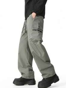 男士宽松工装裤，拉链口袋和侧抽绳腰部，男士秋季户外服装，男士多口袋抽绳腰部直筒休闲裤，返校 - 橄欖綠 - 查看 8