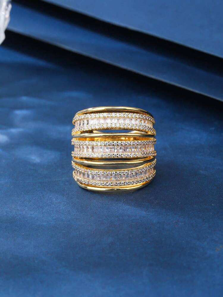 1 pieza Anillo de mujer chapado en cobre con diseño simple de empalmado dorado con cristales de imitación, diseño elegante, apto para regalo, uso diario y de fiesta - 011278 - Añade 2