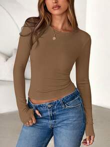 Women Spring And Fall Long Sleeve Shirts Ribbed Crewneck Fitted Basic Tee Going Out Tops Casual Workout Vacation Outfits - Dark Khaki - View 3