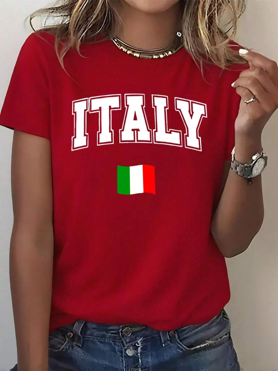 Italy Italian Flag Graphic T-Shirt: Show Your Love For Italy With This Women's Cotton Tee, Featuring "ITALY" In A Classic Collegiate Font Above The Italian Flag