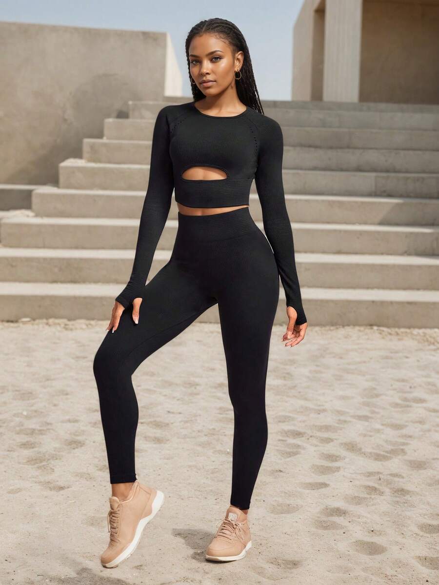 2 Pieces Women's Elegant Solid Color Long Sleeve Top And Leggings Set, Autumn