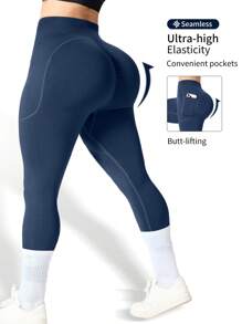 Large-Sized Women's Three-Piece Sporty Pocket Leggings. The Pocket Design Makes It Convenient To Carry A Mobile Phone. It Can Lift The Buttocks And Tuck In The Abdomen. It's A Must-Have For Sports - Black+Gray+Navy Blue - View 10