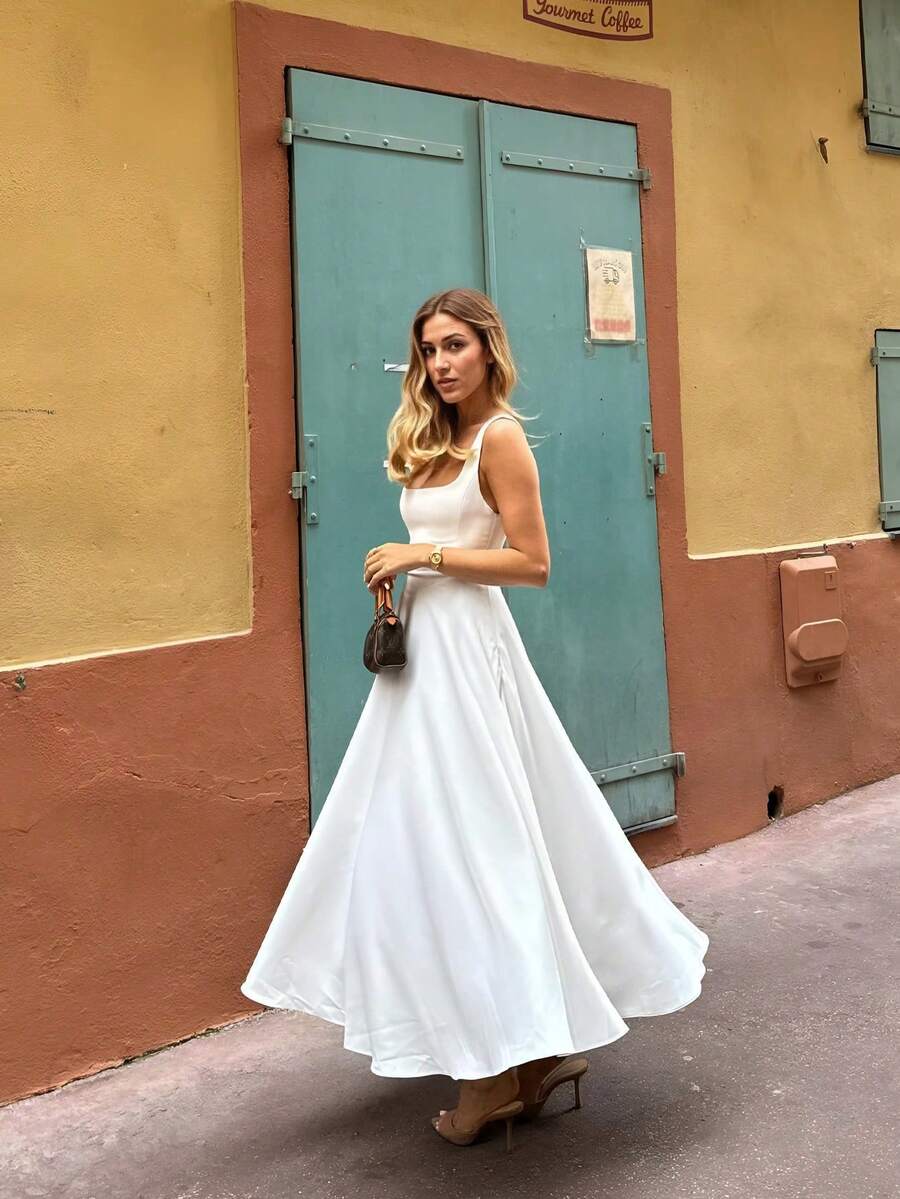 Floreya Solid Color Casual Elegant Woven Fabric Zipper Dress, Suitable For Dates, Parties, Weddings In Spring/Summer White - White - View 1