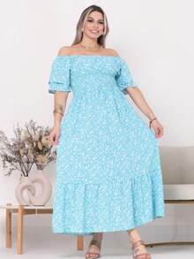 Women's Long Midi Dress With Puffer Sleeves And  Frills, Off-The-Shoulder, Tres Marias Floral - 藍花 - 查看 2