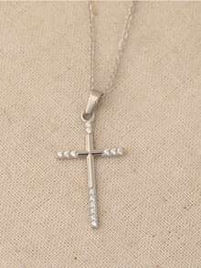 1pc Fashionable Cubic Zirconia Cross Stainless Steel Pendant Necklace, Suitable For Daily Wear, Party And Casual