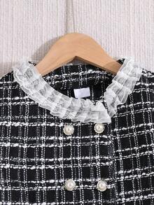 1pc Girls' Black Long Sleeve Sweet & Chic Coco Ruffle Collar Double-Breasted Tweed Patchwork Hem Vintage French Elegant Dress, Autumn/Winter - Black - View 3