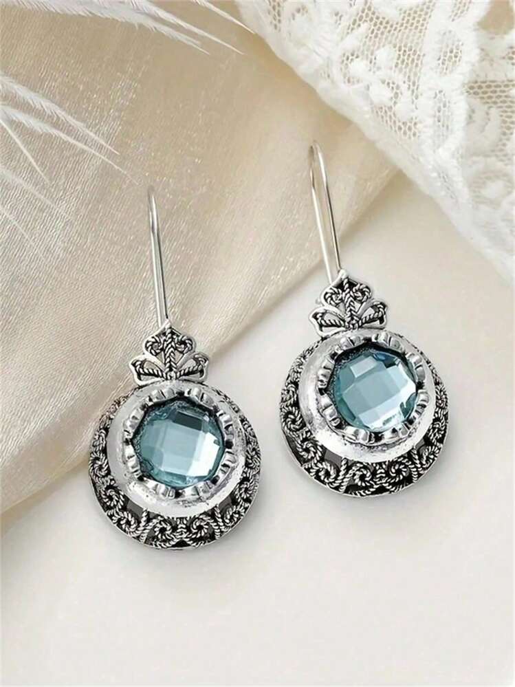 1 对波西米亚风格圆形海蓝宝石锆石雕刻吊坠耳环，适合女性日常、派对、旅行珠宝礼物 - 銀色 - 查看 1