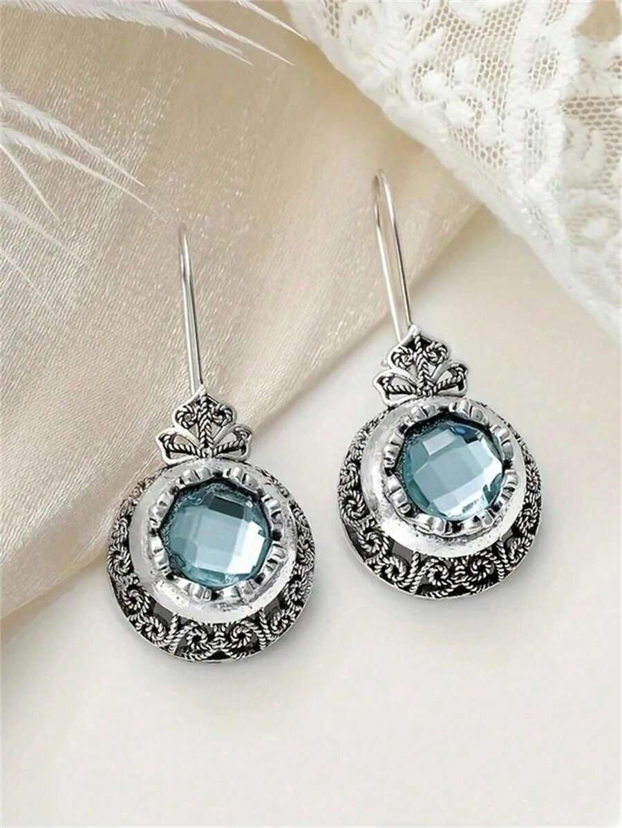 1 对波西米亚风格圆形海蓝宝石锆石雕刻吊坠耳环，适合女性日常、派对、旅行珠宝礼物 - 銀色 - 查看 1
