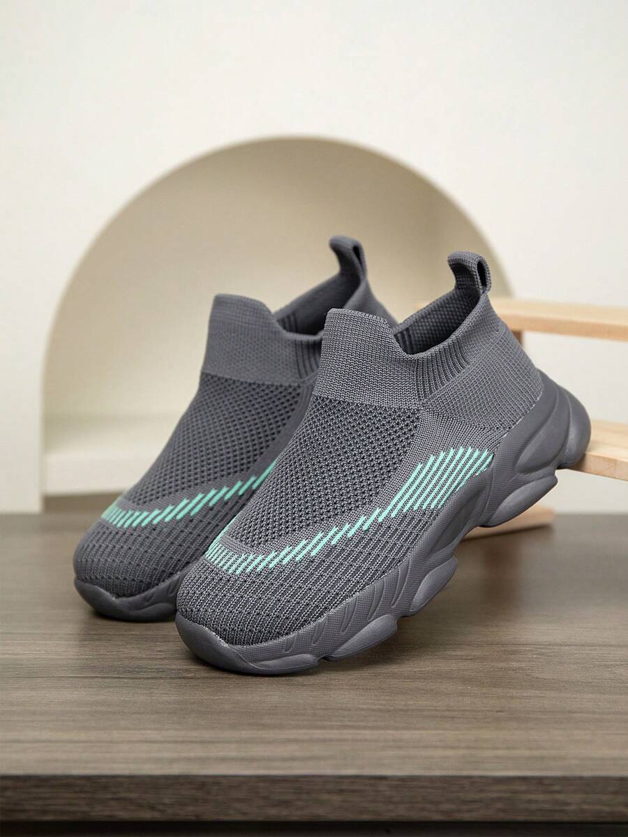 1 Pair Kids Knitted Sneakers, Slip-On Sports Shoes, Breathable Non-Slip Running Shoes, Fashionable Casual Mesh Trainers For Students