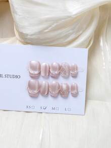 10pcs Rhombus French Pearl Pink Cat Eye Bow Handmade Nails Acrylic Press On Nails Spring Summer Nails Glitter Rhinestone Decoration Short Coffin/Extra Long Oval French Fake Nails Full Cover Nail Tips With Jelly Glue And Nail File, DIY Nail Art Supplies