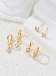 6pcs Fashionable Copper Zirconia Gold Tone Earrings Set, Mixed Design Earrings Studs Hoops Pendants, Versatile Gift For Women, Birthday, Vacation, Party, Daily Wear, New Year, Valentine's Day - Gold - View 9