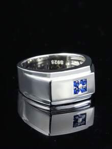 Anel masculino minimalista de estilo empresarial, 1 peça, prata S925, safira azul incrustada criada em laboratório, adequado para negócios, deslocamento, festas, reuniões, presente de alta qualidade para o dia das mães, dia dos pais