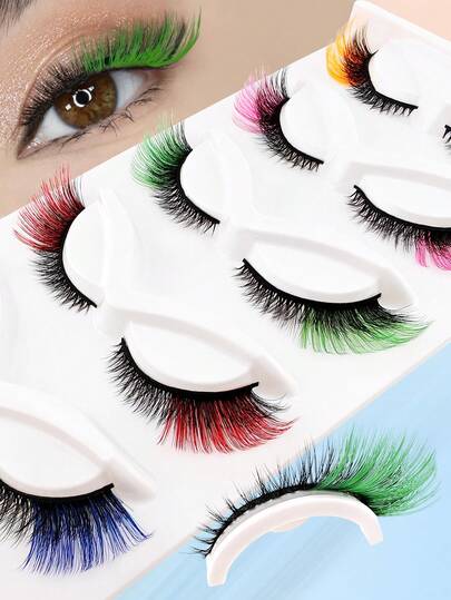 5 Pairs Colorful 3D False Eyelashes, C-Curl Fluffy Faux Mink Lashes, Rich Colors, Thick & Natural, Suitable For Daily, Party, Holiday, Stage Makeup, Strip Eyelashes, Eyelashes, False Eyelashes,Halloween