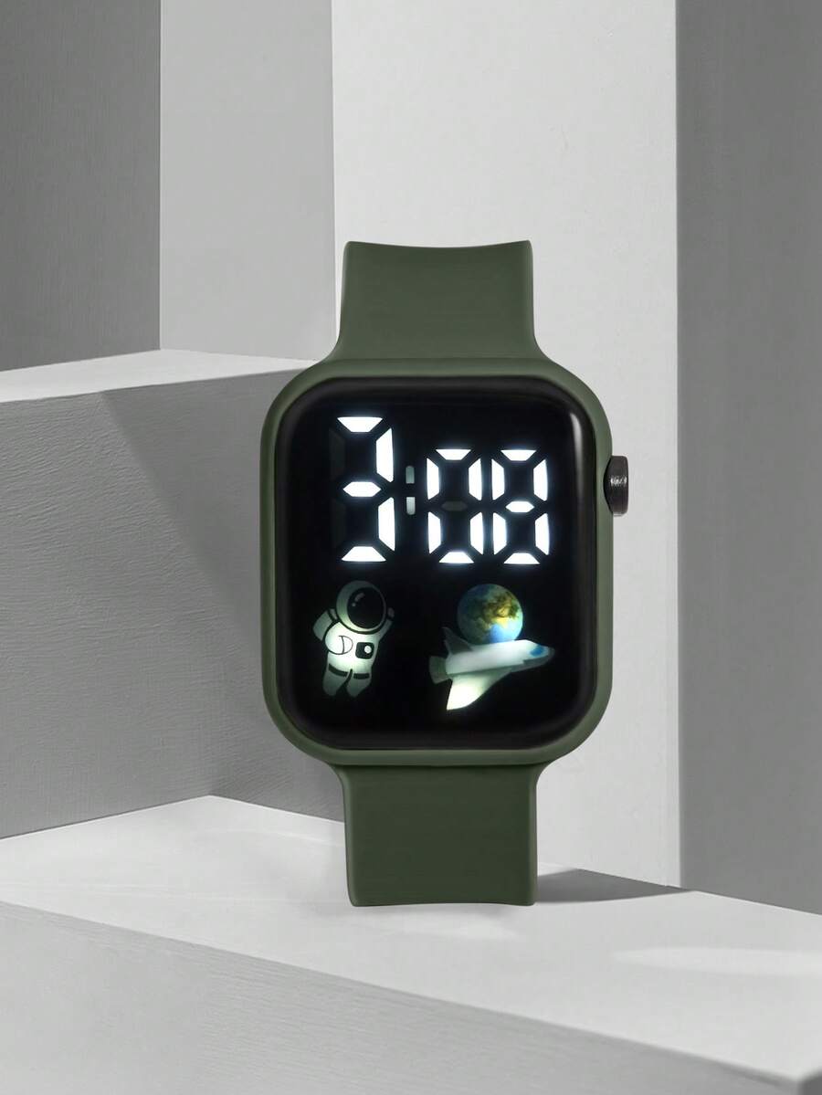 1 buah Jam Tangan Olahraga Elektronik LED Bahan TPU dengan Desain Astronot & Pesawat Terbang untuk Remaja/Pelajar, Cocok untuk Kehidupan Sehari-hari dan Kembali ke Sekolah - Hijau - View 1