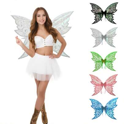 2025 Halloween Exclusive: Adult Enchanting Fairy Costume Set - Shimmer Butterfly Wings, Glitter Hair Tinsel, Elf Ears, Floral Crown & Magic Wand | Novel Cosplay Bundle