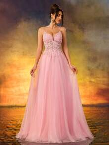 A Line Sweetheart Neck Applique Evening Prom Dress Spaghetti Tulle Lace Up Party Dress - Pink - View 5
