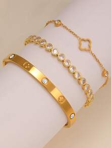 Juego de pulseras de mujer de acero inoxidable con trébol y circonita incrustada, adecuado para uso diario, superposición, citas de pareja, combinación para múltiples ocasiones y como regalo - Amarillo Oro - Ver 1