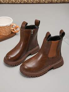 切尔西靴经典圆头仿皮踝靴侧拉链防滑鞋底秋冬女童男童儿童 - 棕色 - 查看 3