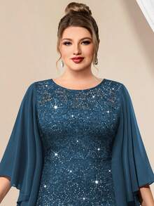 优雅蝴蝶袖雪纺花卉亮片蕾丝撞色网纱鱼尾下摆晚礼服，高贵典雅的正式舞会礼服，婚礼宾客礼服，适合情人节、生日、毕业典礼、宴会、节日及其他场合的春季派对。 - 霧霾藍 - 查看 9