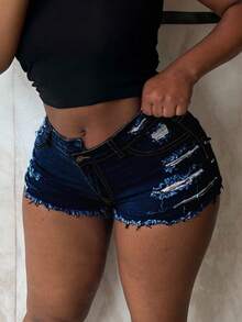 Women's Mid Rise Light Wash Denim Shorts - Distressed Ripped Frayed Hem Casual Shorts For Women Daily & Summer Wear - Dark Wash - View 7