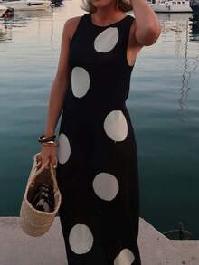 Vivid Style Women's Fashionable Sleeveless Polka Dot Knit Dress, Elegant And Slimming, Suitable For Christmas, New Year And Various Occasions