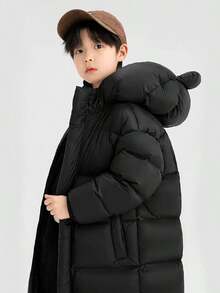 儿童及膝连帽外套;适合寒冷天气的男童和女童大衣 - 黑色 - 查看 4