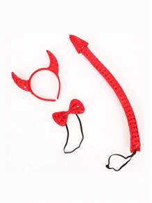 Set de 3 piezas de diadema de cuernos de diablo, moño y cola para disfraz de fiesta de Halloween, adecuado para actuaciones de baile, fiestas y shows de bar - Rojo - Ver 4