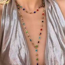 1 pieza Collar largo dorado de dos capas con forma de Y y borlas de colores para mujeres, accesorio de joyería sexy. Adecuado para usar en fiestas o festivales de música.