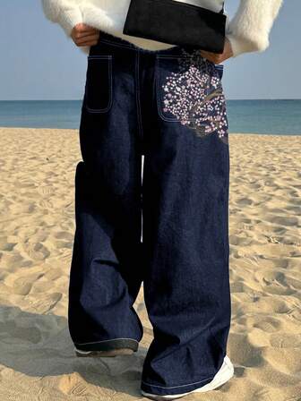 时尚樱花刺绣复古宽腿宽松牛仔裤