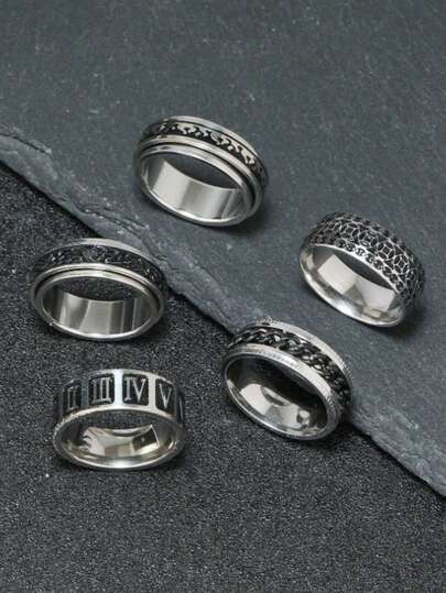 5 Pieces Stainless Steel Rings Men's Jewelry Vintage Style Turnable Chain Anxiety Rings For Daily Wear Boyfriend Gift
