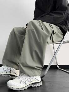 男士宽松工装裤，拉链口袋和侧抽绳腰部，男士秋季户外服装，男士多口袋抽绳腰部直筒休闲裤，返校 - 橄欖綠 - 查看 11