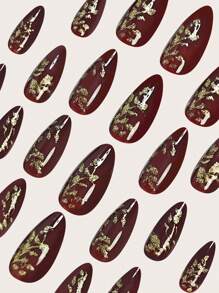 Add A Touch Of Romance With 24Pcs Almond Shape Sparkling Gold Sparkling Pink Plant Pattern Burgundy Red Press On Nails Full Coverage Fake Nail Tips For Women And Girls Includes 1Sheet Adhesive Tabs & 1Pc Mini File Suitable For Autumn And Winter Seasons Party Date And Office Daily Wear False Nails Jelly Glue Is Randomly Shippe Nail Supplies Nails