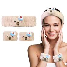 Euuztu Spa Headband Washing Face, 2 Pack Cute Ear Hair Band Shower Yoga Beauty, Fluffy Makeup Headband, Kawaii Headbands Woman Girls, Dark Pink+Purple Heart - Bộ Capybara màu be - Xem 2
