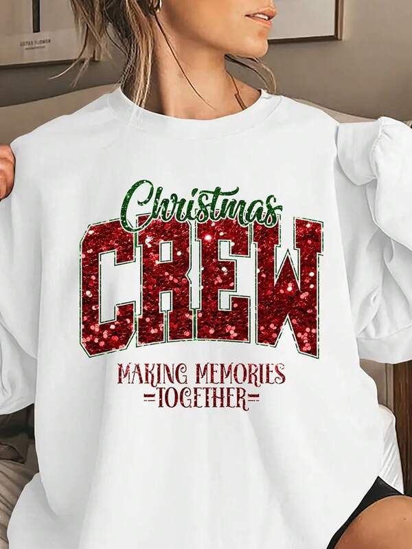 Women's Christmas Crew Matching Family Letter Print Sweatshirt - Glitter Red Holiday Design, Cozy Round Neck Casual Pullover, Machine Washable Medium Stretch For Autumn Winter Family Gatherings, Family Christmas Shirts, Festive Gatherings, Festive Style, Stretchy Material, Festive Top, Festive Groups
