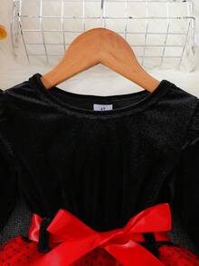 Vestido largo de manga larga de malla con lunares rojos y negros de terciopelo holgado y suelto con manga de campana para niñas, elegante para exteriores en otoño