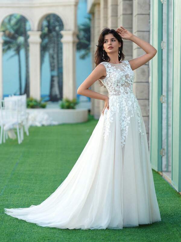 ANGELAG Vestido de noiva longo com decote redondo, sem mangas, bainha de malha e renda bordada