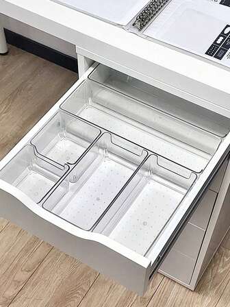 1/5/6/11pcs Transparent Plastic Desktop Drawer Partition Storage Tray, Drawer Finishing Set, Cosmetic Storage Box, Suitable For Storing Cosmetics And Jewelry, Can Be Used In Bathrooms And Placing Small Items, And Can Also Be Used In Bedrooms And Offices.