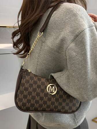 3种颜色可选极简主义法国新月包，高品质小众精致斜挎包，小众字母印花女士手提包，M形金属装饰，可调节皮革肩带，轻巧百搭时尚单肩/腋下包，适合外出、购物、通勤