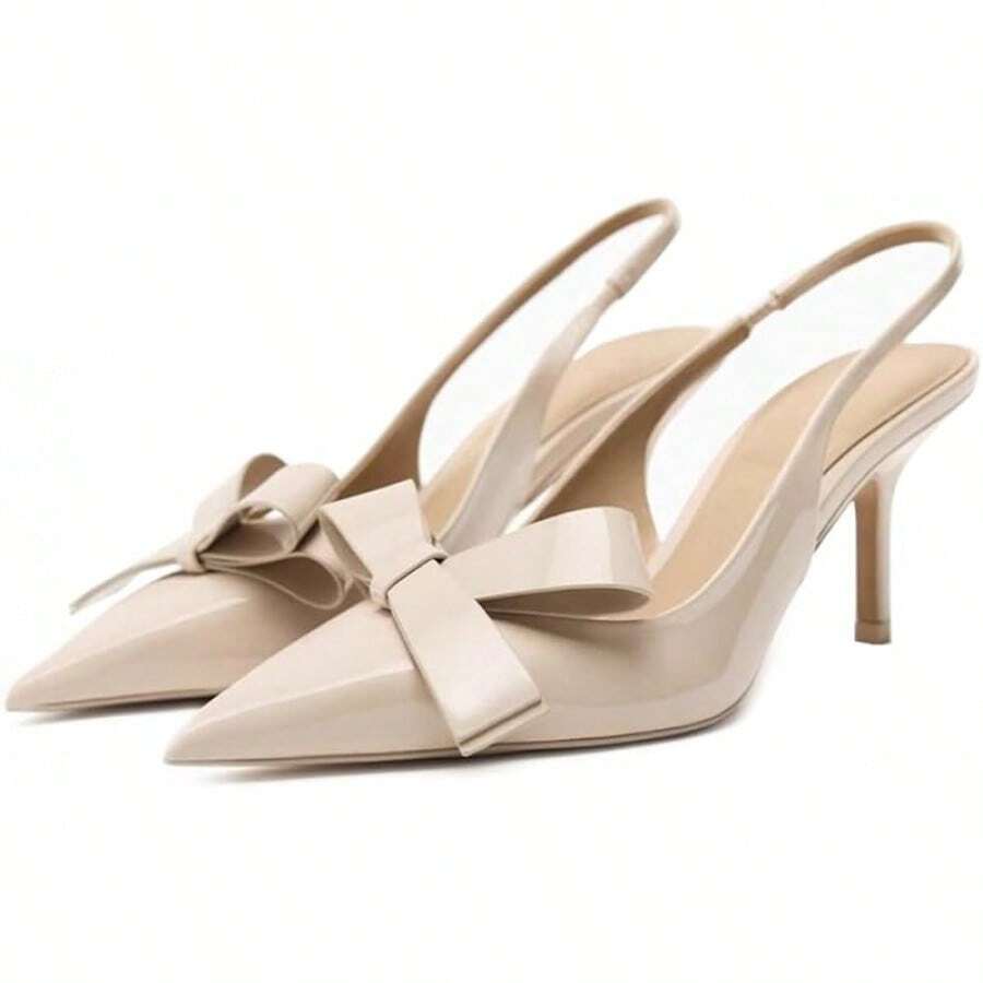 Bow Knot Slingback Kitten Heels Women Closed Pointed Toe Pumps Stiletto Heels Sandals, Fashionable - 裸體 - 查看 1