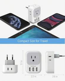 Adaptador Europeo Viaje, Universal Europa Enchufe de Corriente con 3 USB (1 USB C), Cargador Tipo C con 4 Salidas CA, Travel Essentials Adapter Americano\/México a Europa para Italia, España - Blanco y Gris - Ver 9