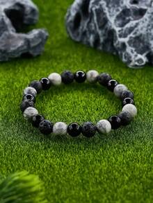 8mm Men's Fashion Casual Beaded Bracelet Map Jasper & Lava Stone & Obsidian Crystal Healing Power Bracelet, Natural Stone Bracelet, Spiritual Clarity And Focus Jewelry Gift