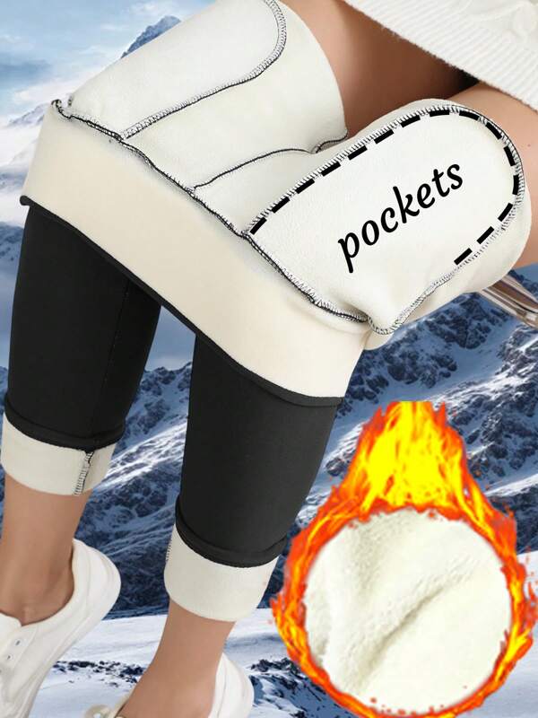 1pc Women's Black Solid Color Elastic Waist Leggings,Thermal Lined With 2 Side Pockets - Autumn/Winter Warm Staple,Fleece