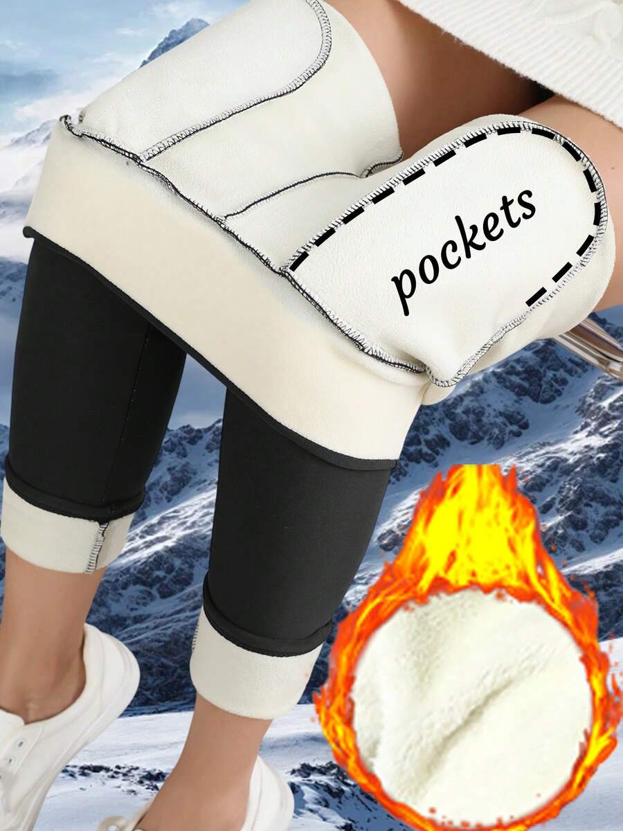 1pc Women's Black Solid Color Elastic Waist Leggings,Thermal Lined With 2 Side Pockets - Autumn/Winter Warm Staple,Fleece - Black - View 1