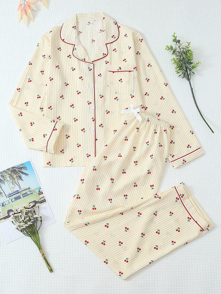 2pcs Women Comfortable Yellow & White Striped Cherry Print Pajama Set, Long Sleeve Button Collar Top And Pants, Casual Sleepwear For Home Use, Autumn/Winter, Fall Clothes