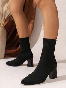 Women's Classic Black Pointed Toe Thick High Heel Ankle Boots, Fashionable, Versatile, Elegant, Ladder Design, Non-Slip Sole, Suitable For Halloween, Wedding, Holiday Season, Autumn/Winter - 黑色 - 查看 5